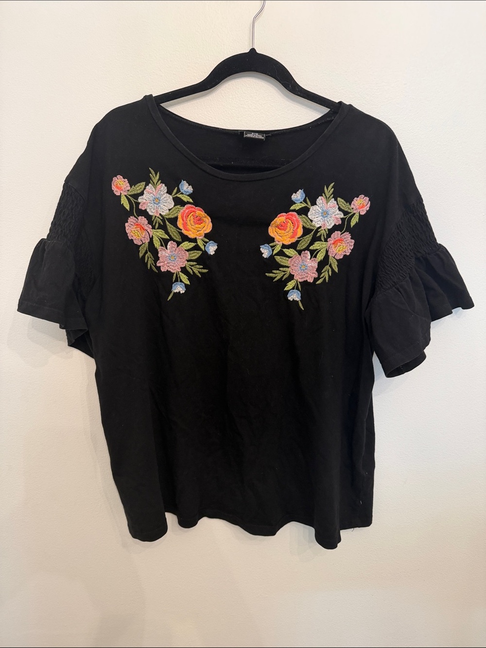 City Chic Black Short-Sleeve Top with Multicolor Floral Embroidery